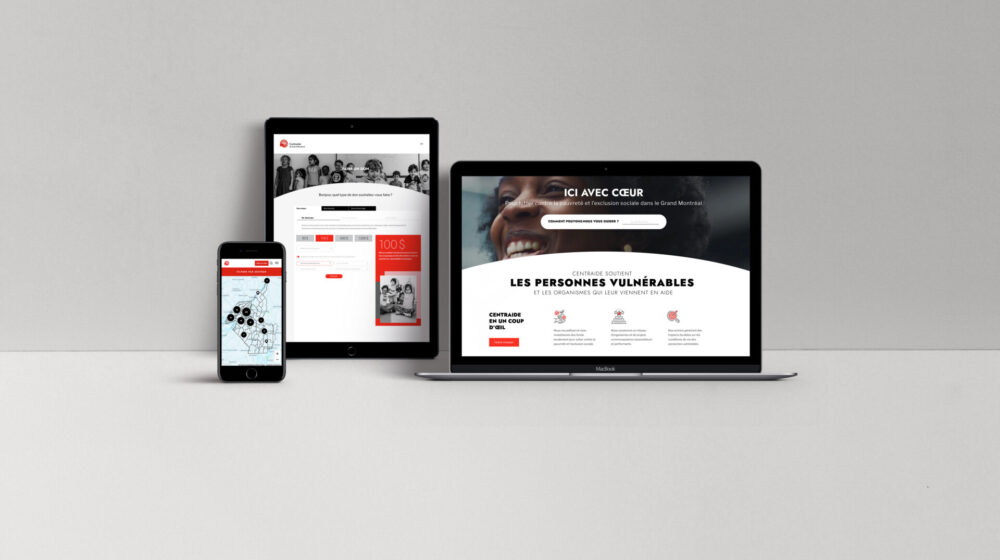 Écrans de cellulaire, tablette et ordinateur portable qui montrent la page d'accueil du nouveau site web de Centraide