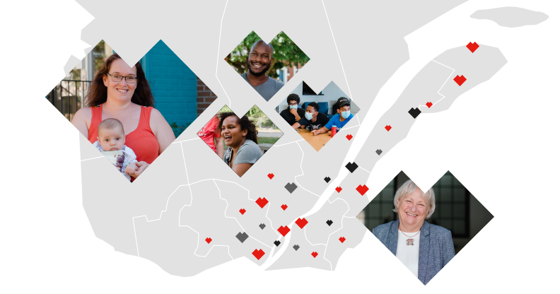 Carte du Grand Montréal avec photos de personnes aidées