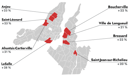Anjou, Saint-Léonard, Ahuntsic, LaSalle, Boucherville, Longueuil, Brossard et Saint-Jean-sur-Richelieu.