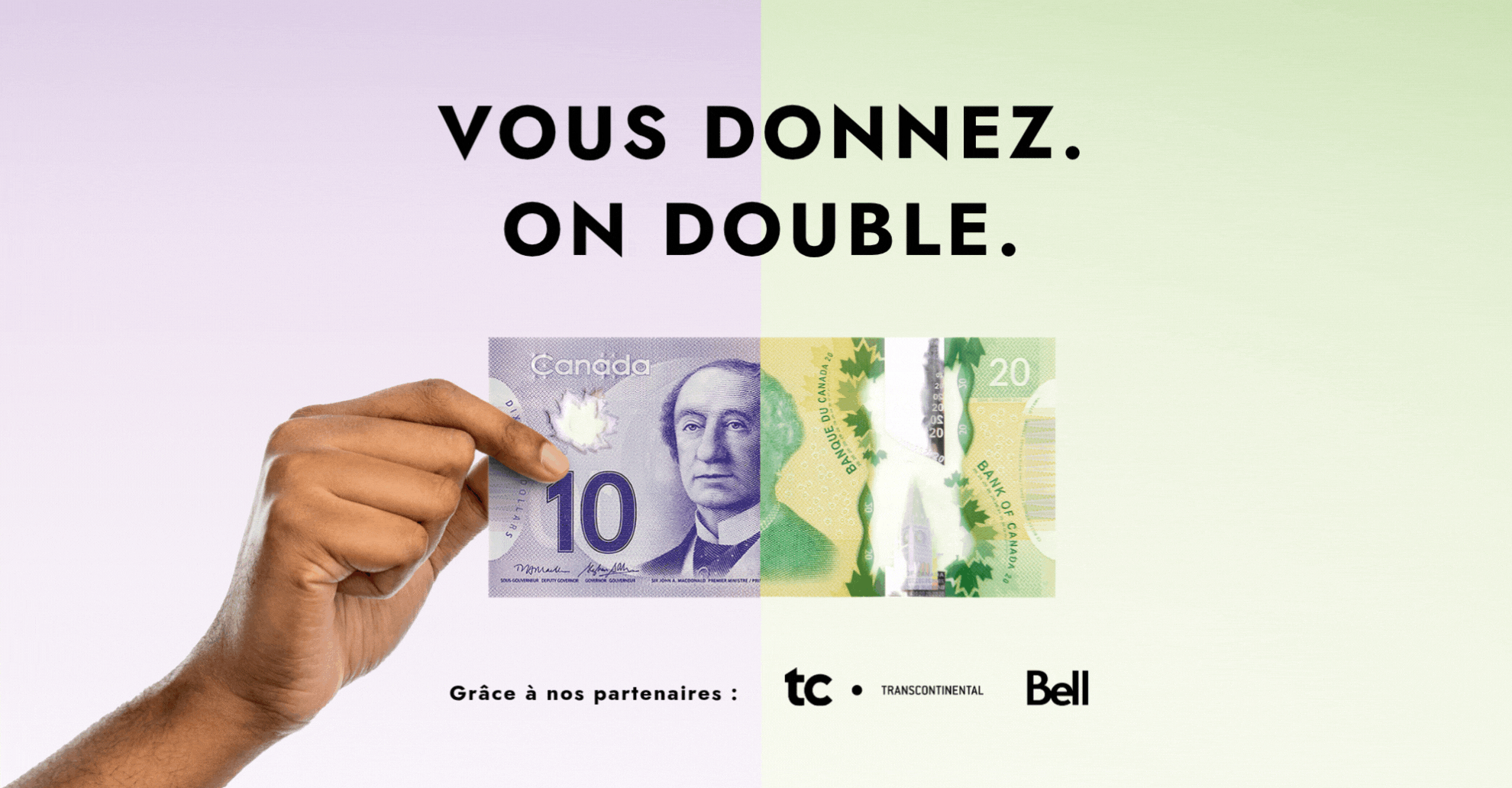 Bannière Mardi je donne - Vous donnez. On double. Logos TC Transcontinental et Bell.